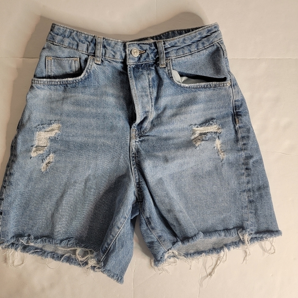 Zara Bermuda Jean Shorts Sz 4 High Rise Button Fly 100% Cotton